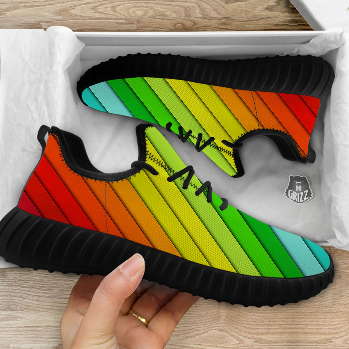 Lines Rainbow Diagonal Print Pattern Black Walking Shoes-grizzshop