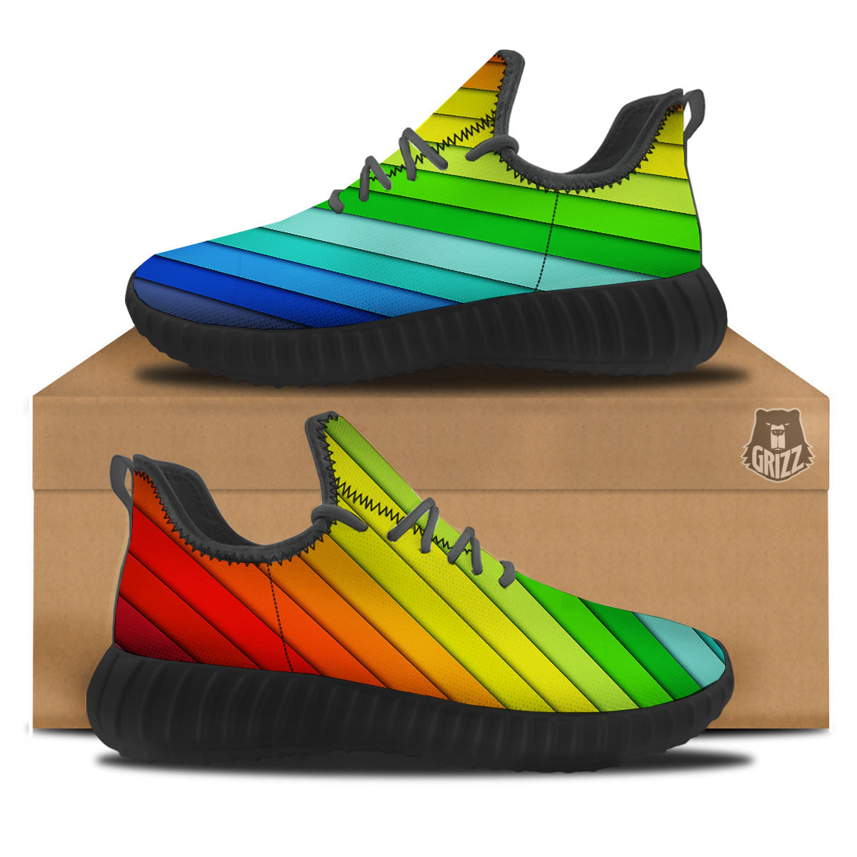 Lines Rainbow Diagonal Print Pattern Black Walking Shoes-grizzshop
