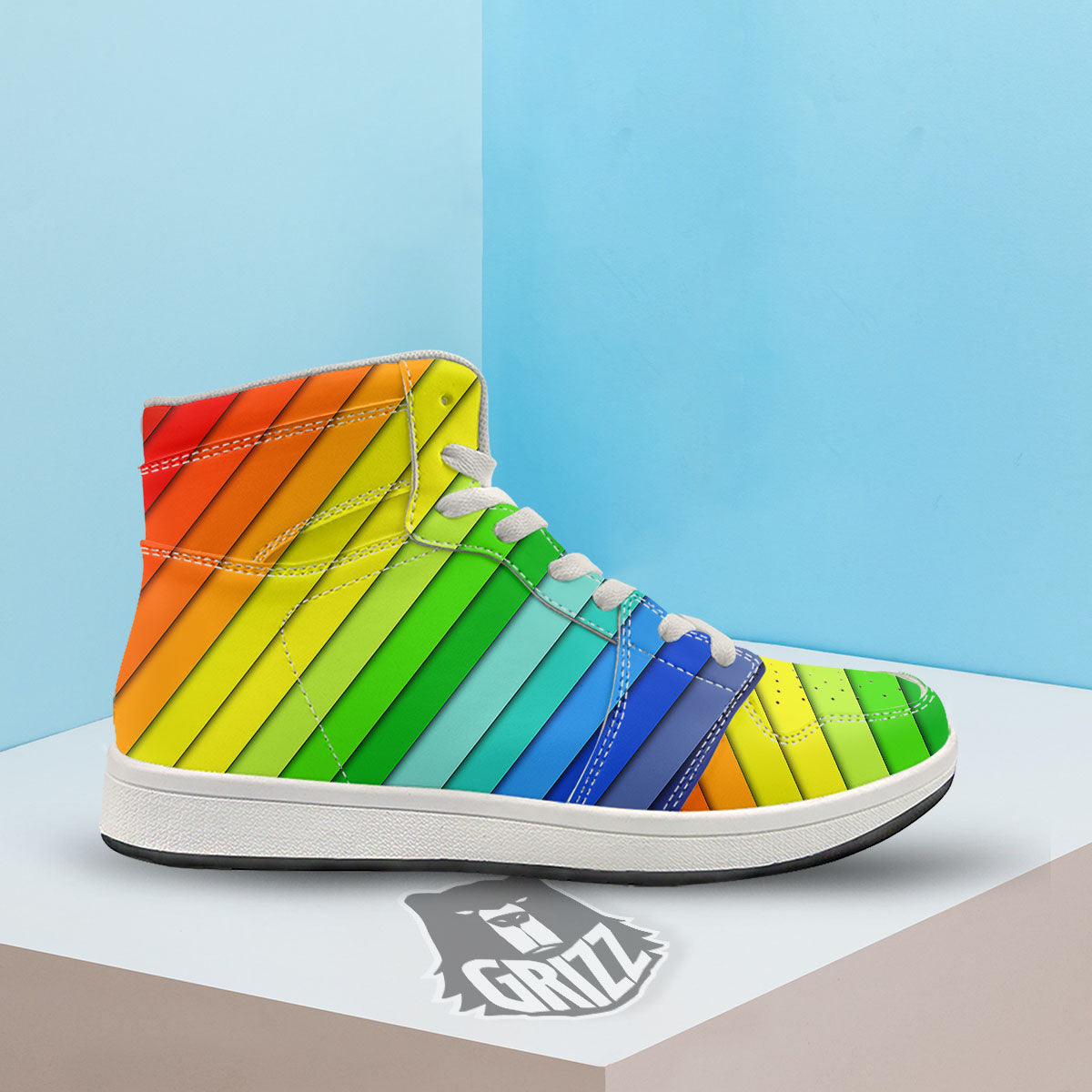 Lines Rainbow Diagonal Print Pattern High Top Sneakers-grizzshop