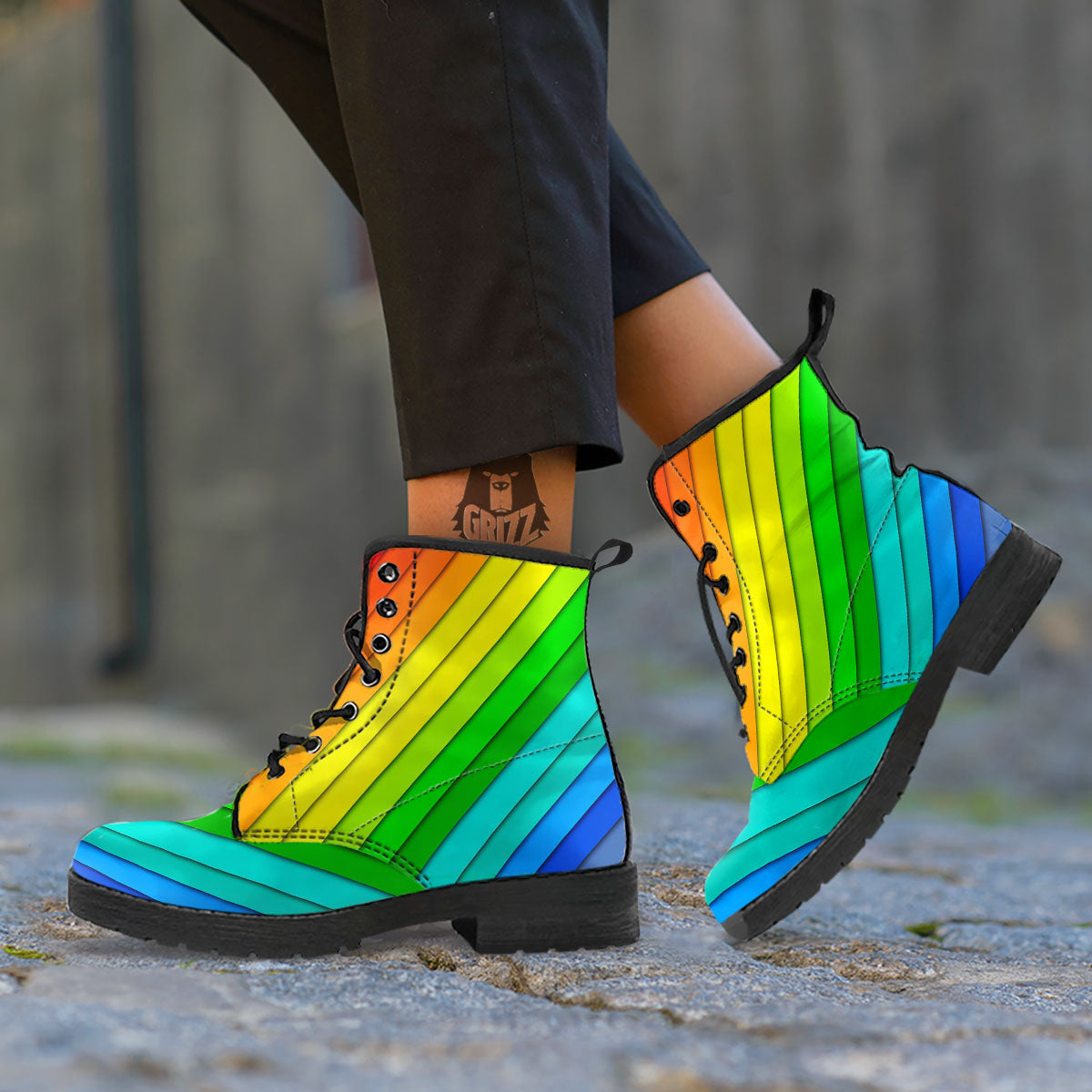 Lines Rainbow Diagonal Print Pattern Leather Boots-grizzshop