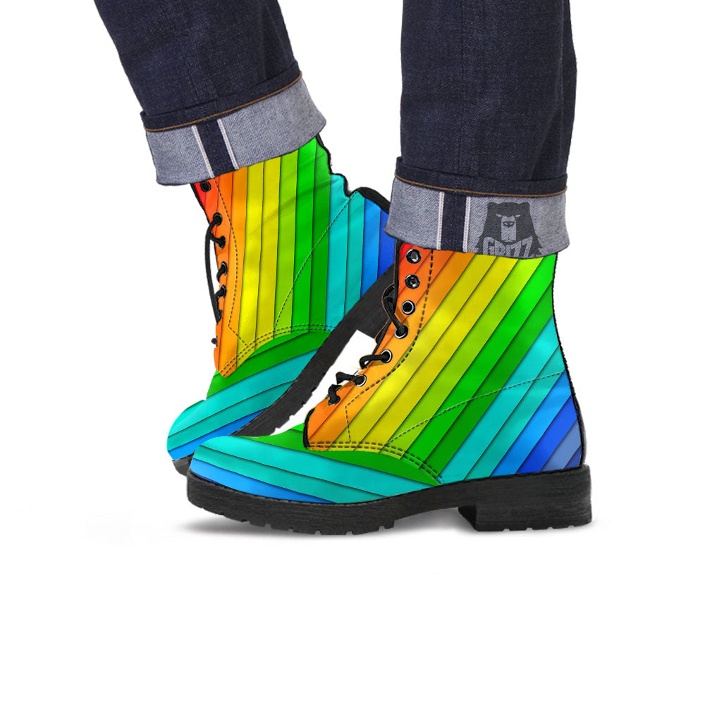 Lines Rainbow Diagonal Print Pattern Leather Boots-grizzshop