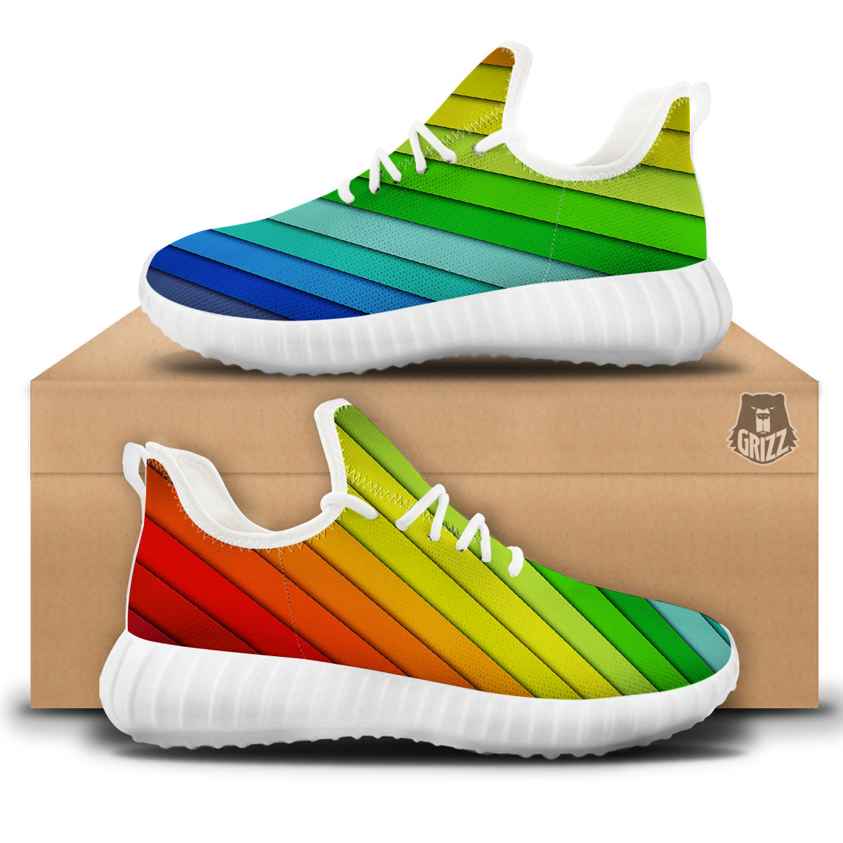 Lines Rainbow Diagonal Print Pattern White Walking Shoes-grizzshop