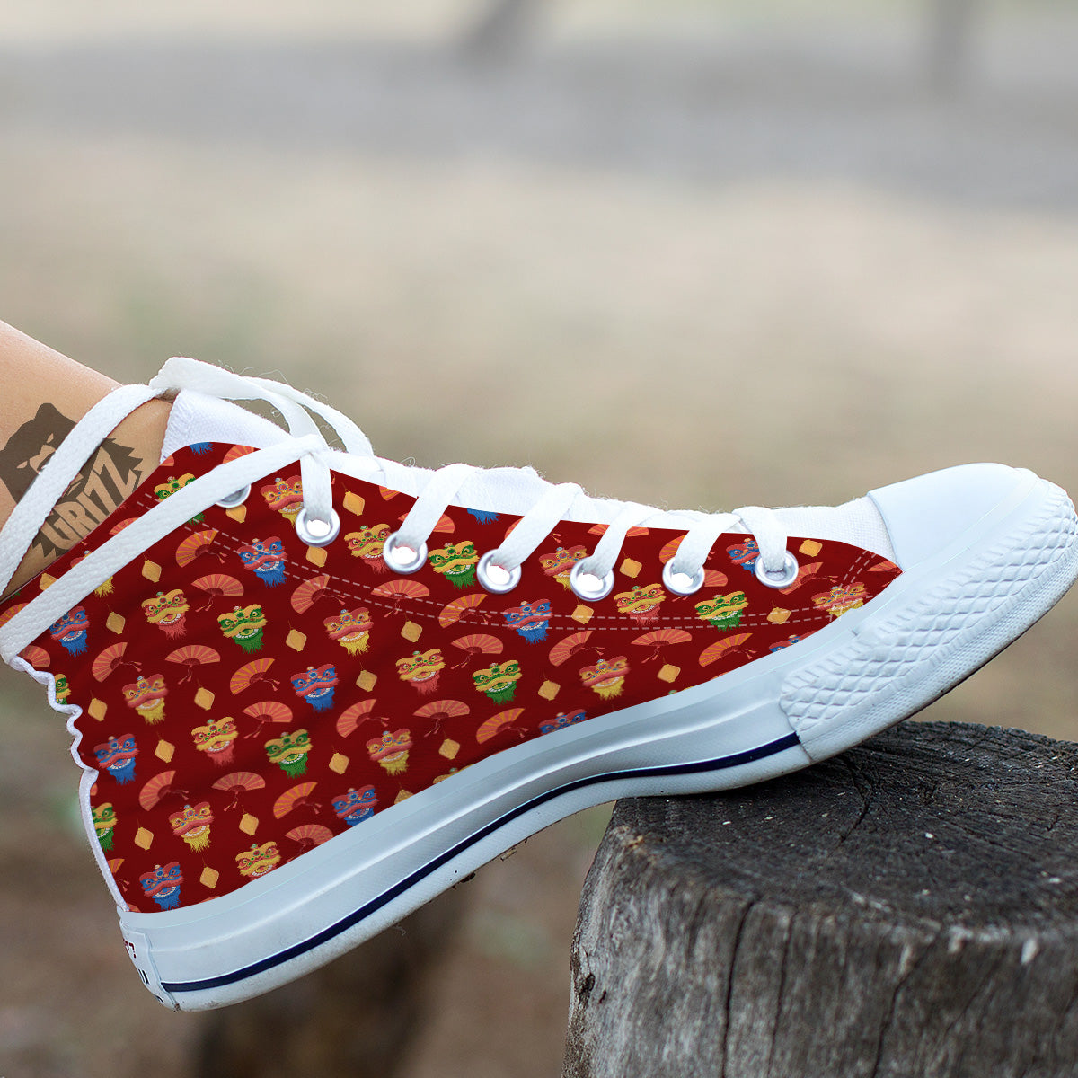 Lion Dance Chinese New Years Print Pattern White High Top Shoes-grizzshop