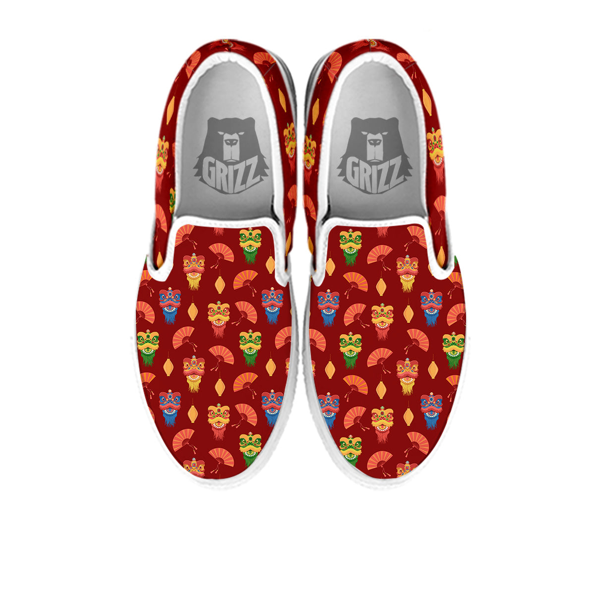 Lion Dance Chinese New Years Print Pattern White Slip On Shoes-grizzshop