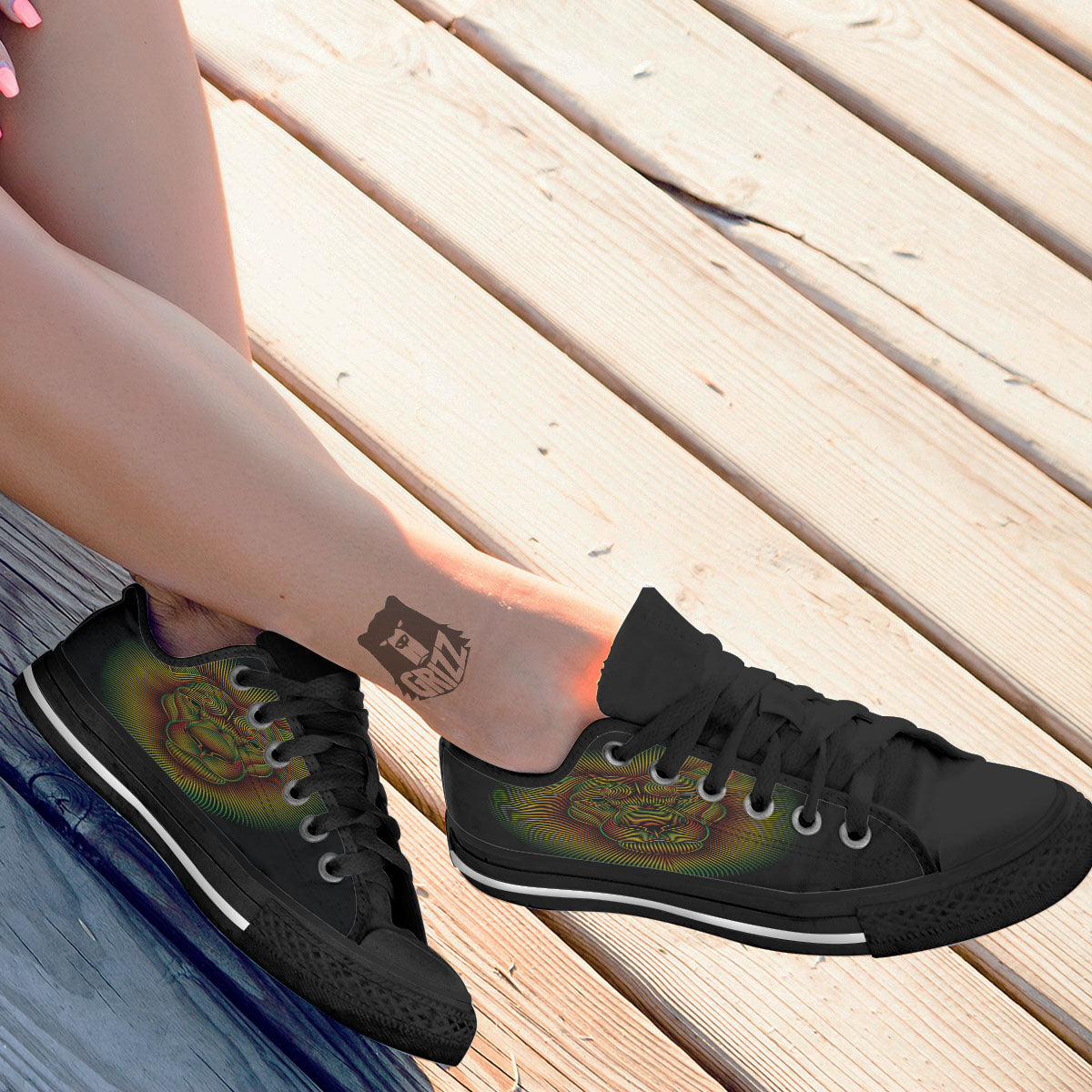 Lion Rasta Print Black Low Top Shoes-grizzshop
