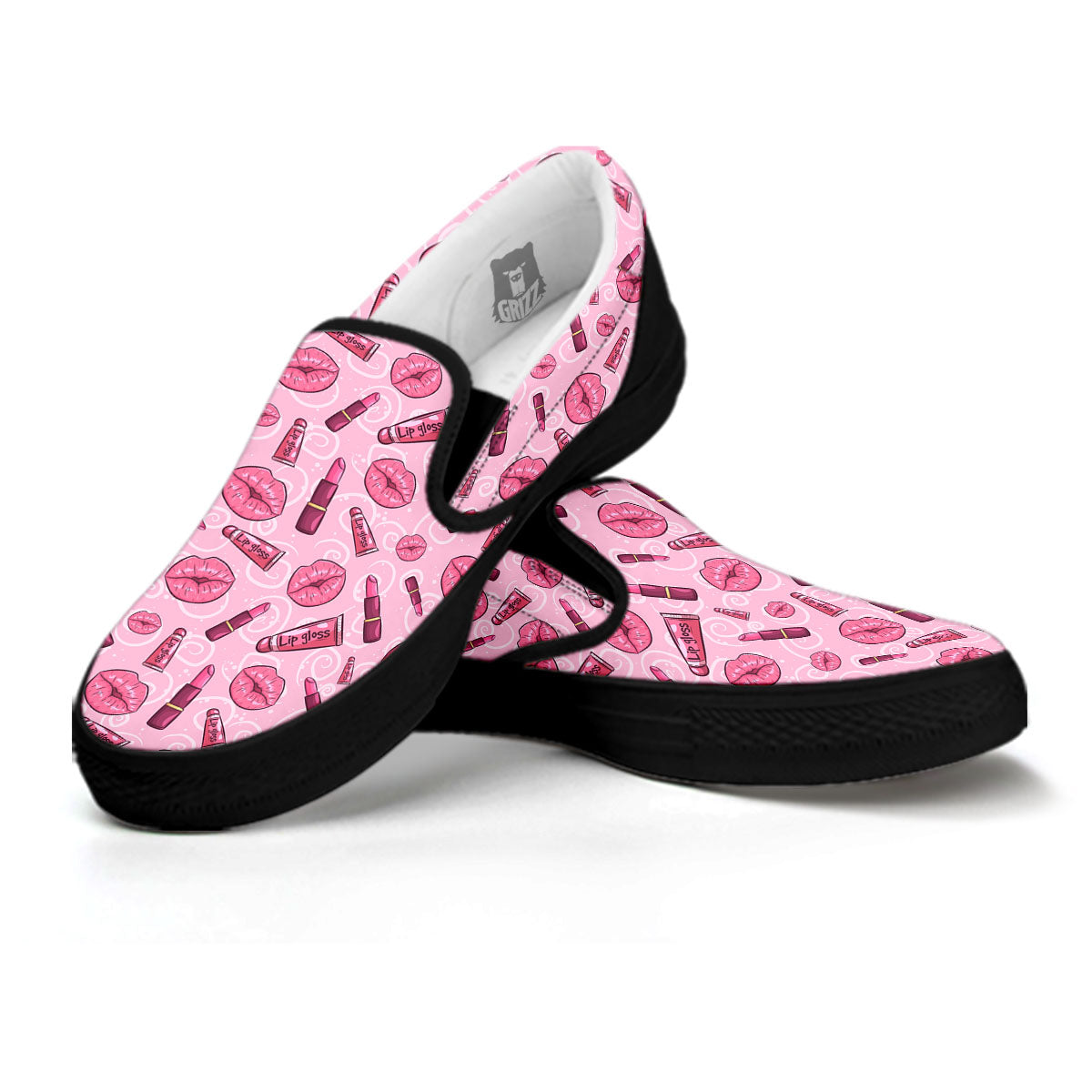 Lips Funky Kiss Print Pattern Black Slip On Shoes-grizzshop