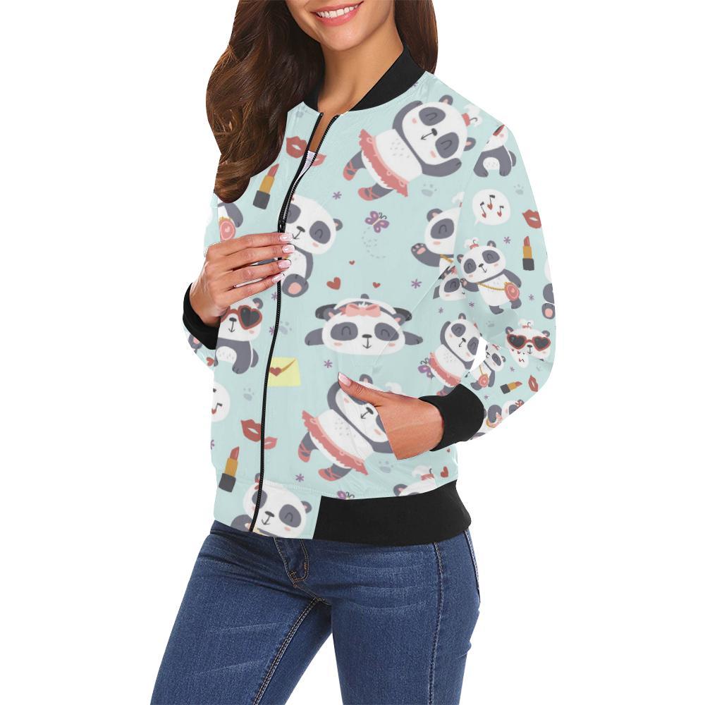 Lips Panda Pattern Print Women Casual Bomber Jacket-grizzshop