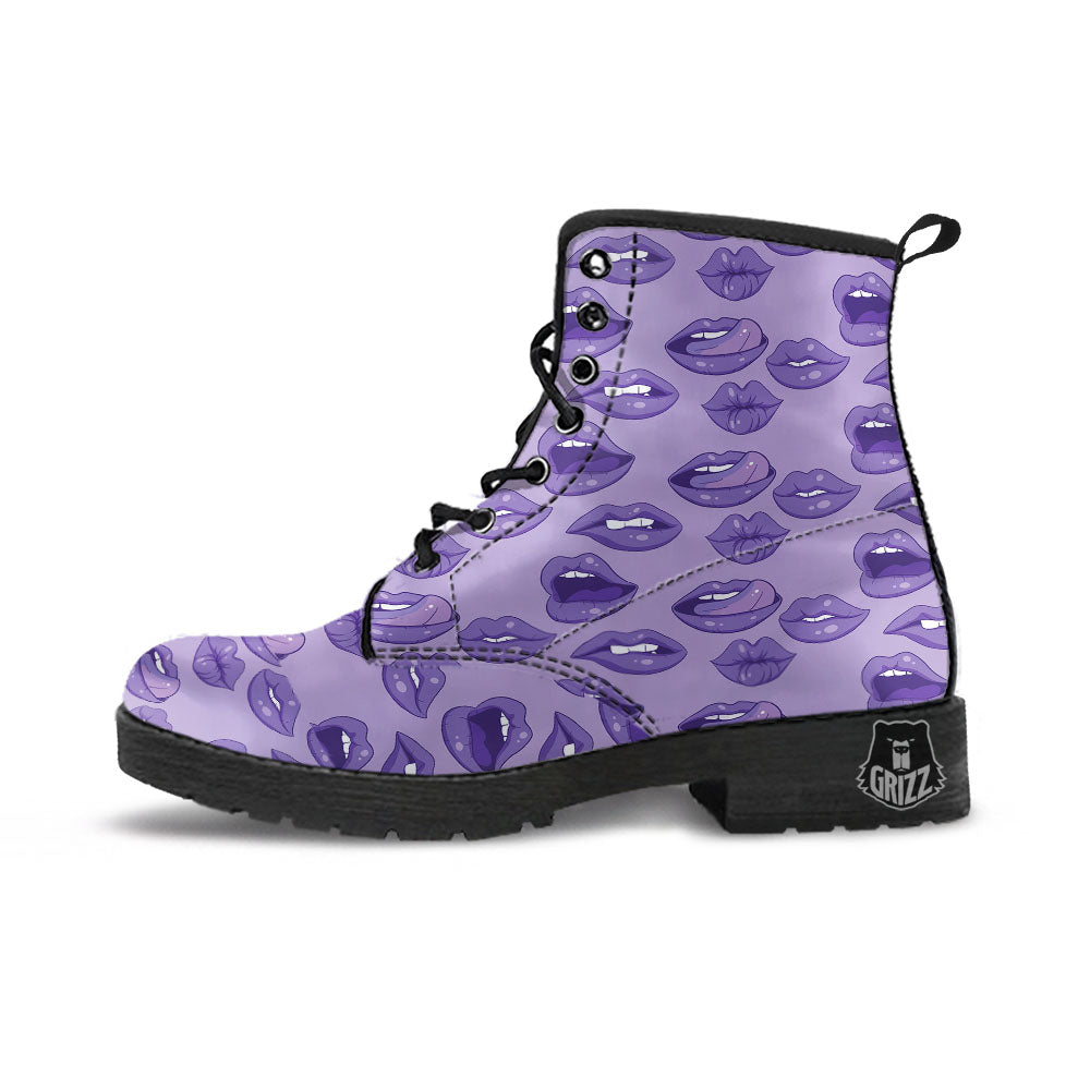 Lips Purple Print Pattern Leather Boots-grizzshop