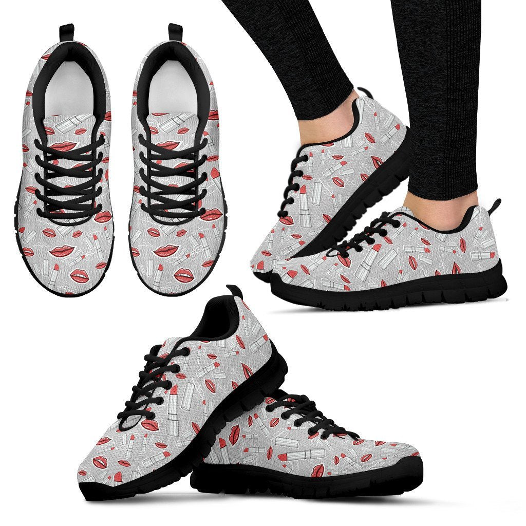 Lipstick Red Lips Pattern Print Black Sneaker Shoes For Men Women-grizzshop