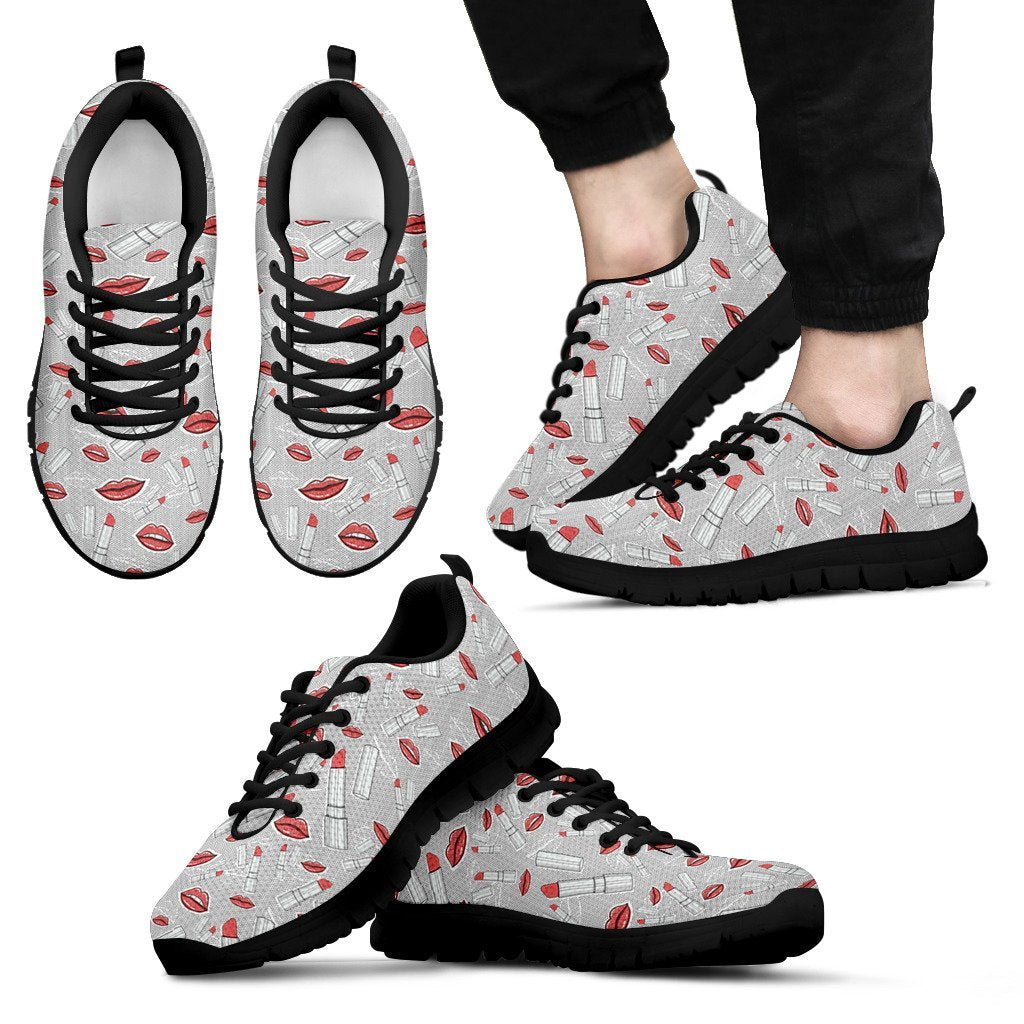 Lipstick Red Lips Pattern Print Black Sneaker Shoes For Men Women-grizzshop