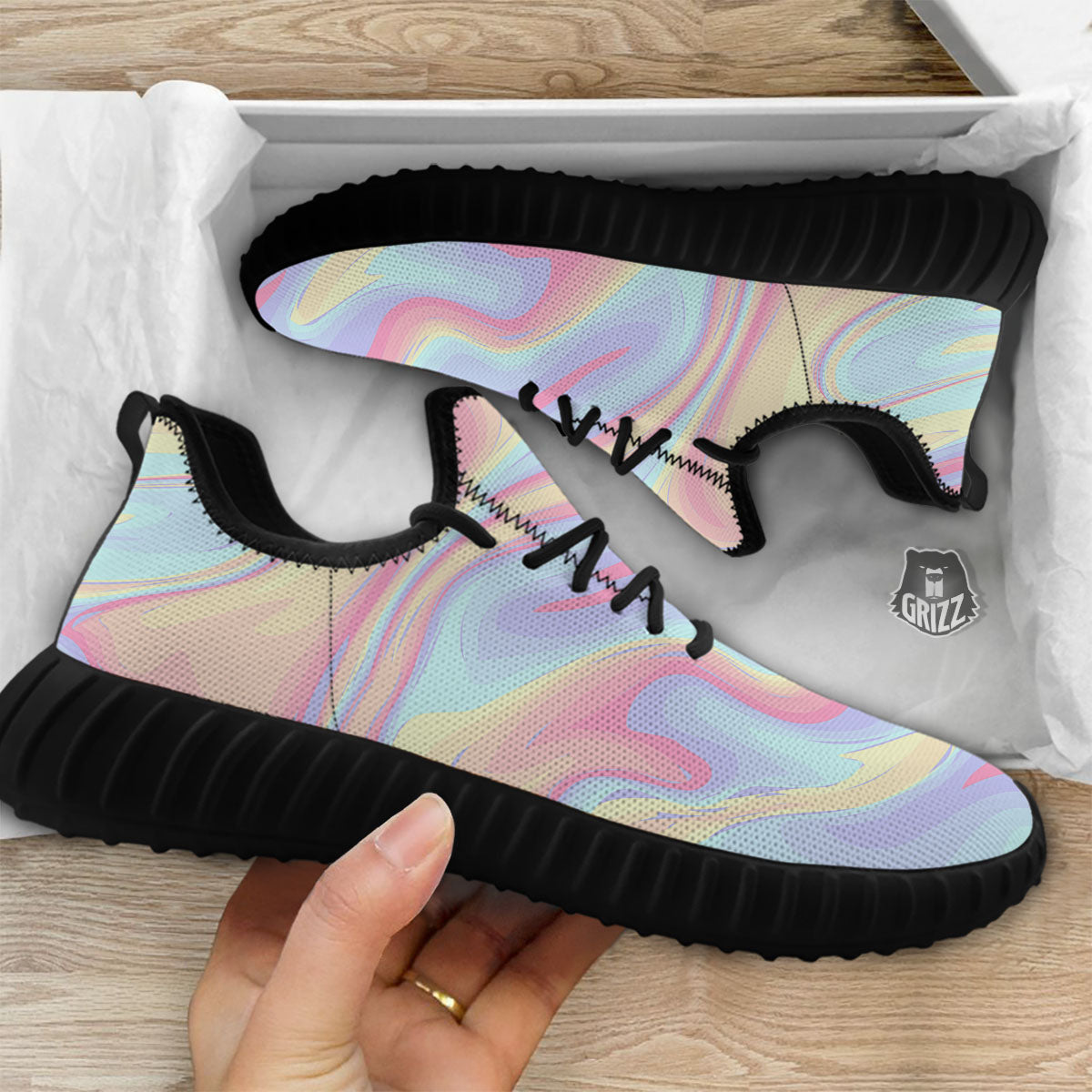 Liquid And Marble Pastel Print Black Walking Shoes-grizzshop