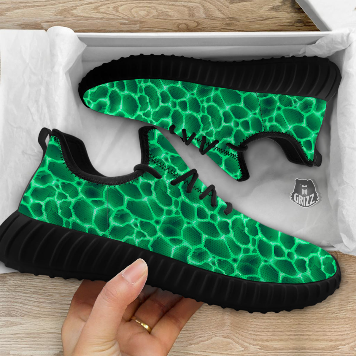 Liquid Lava Green Print Pattern Black Walking Shoes-grizzshop