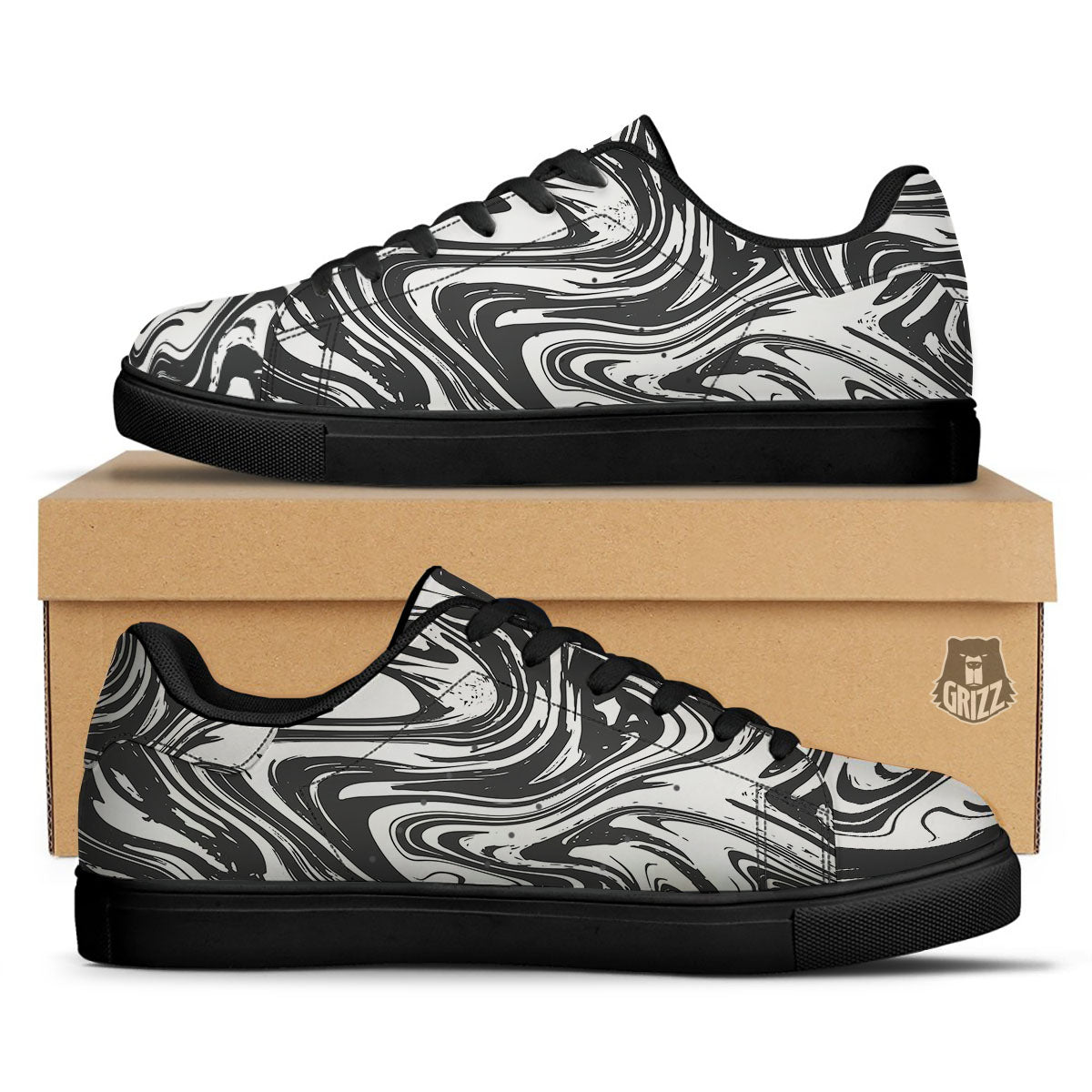 Liquid Marble Black White Print Black Low Top Sneakers-grizzshop