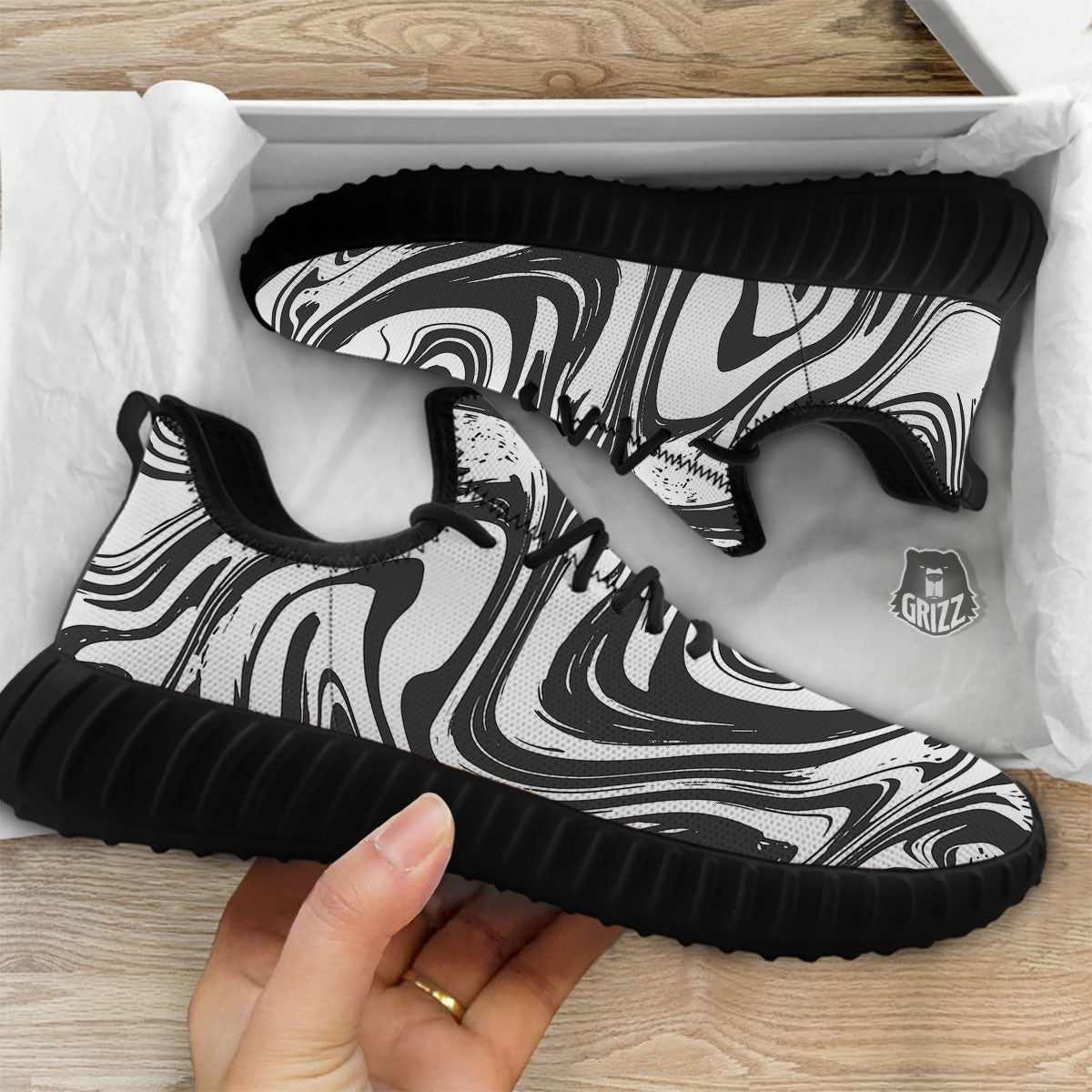 Liquid Marble Black White Print Black Walking Shoes-grizzshop