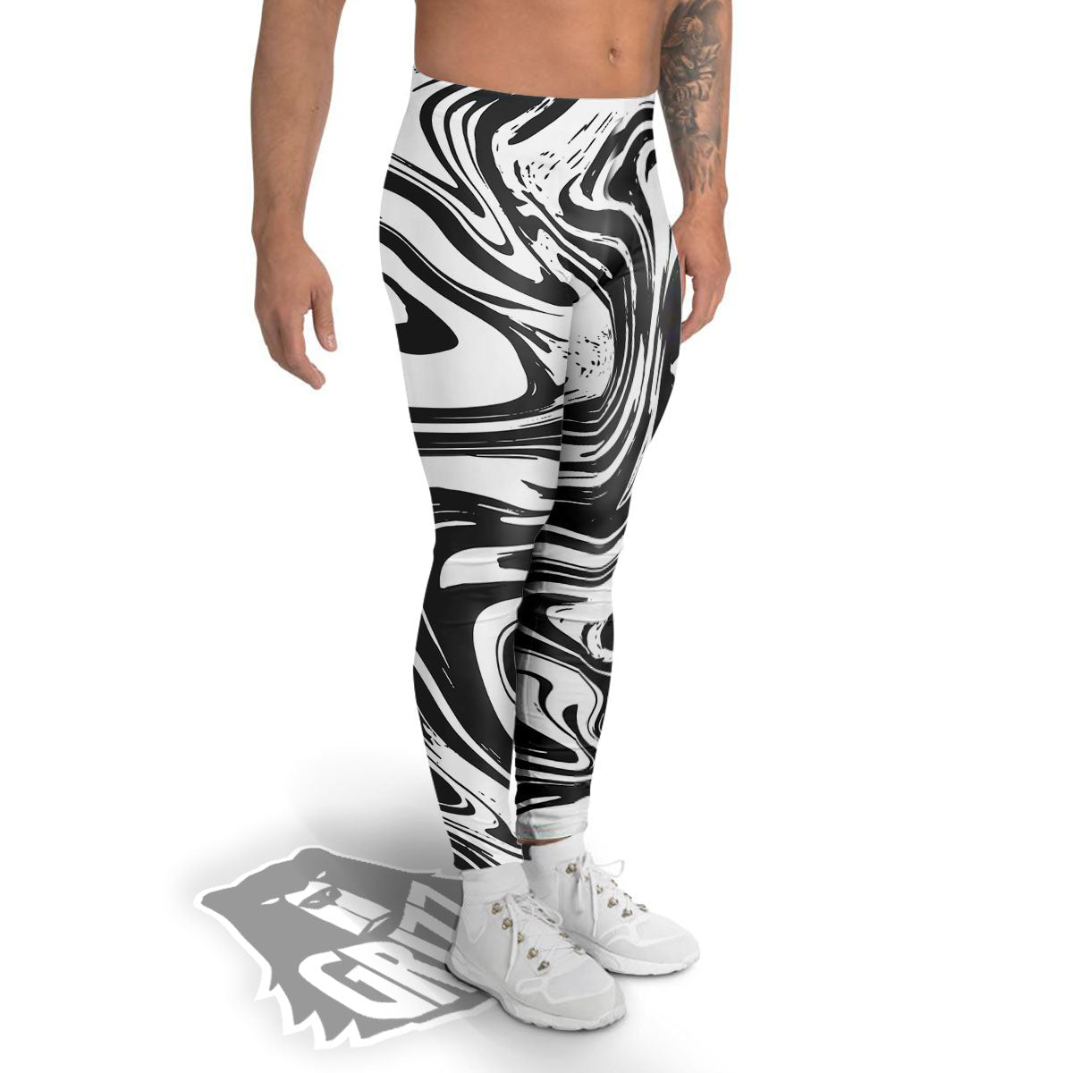Liquid Marble Black White Print Men's Leggings-grizzshop