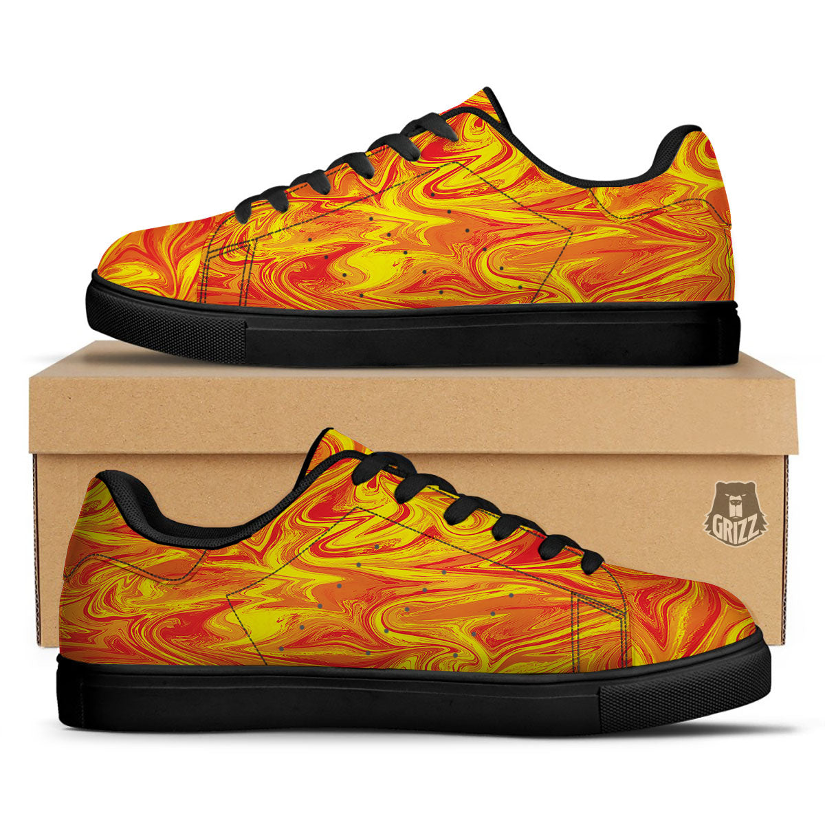 Liquid Psychedelic Trippy Orange Print Black Low Top Sneakers-grizzshop