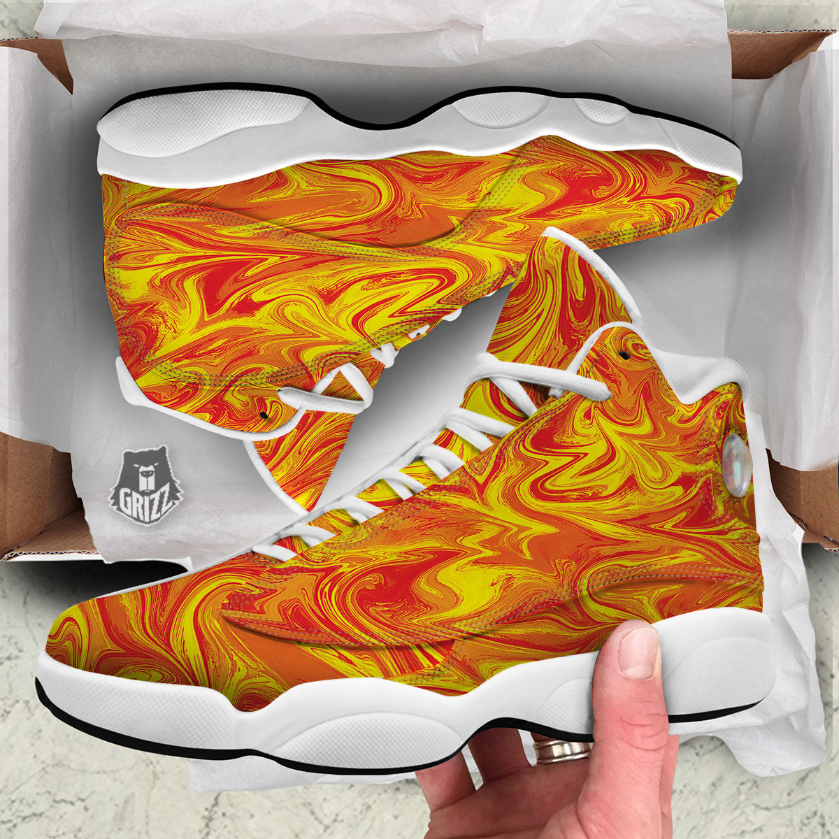 Liquid Psychedelic Trippy Orange Print White Basketball Shoes-grizzshop