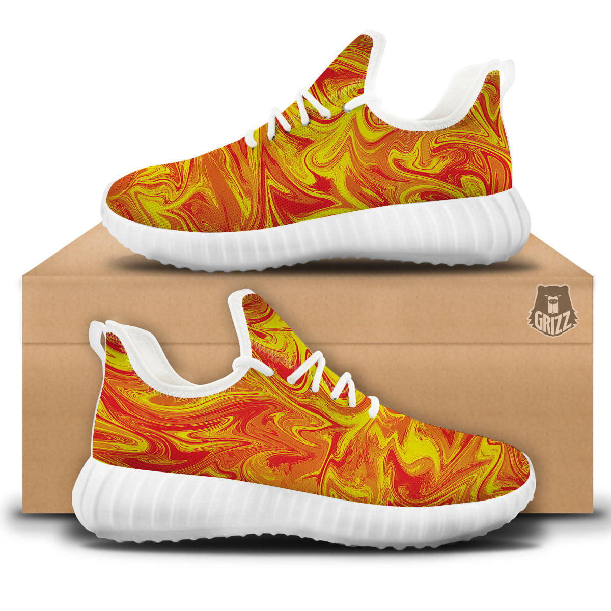 Liquid Psychedelic Trippy Orange Print White Walking Shoes-grizzshop