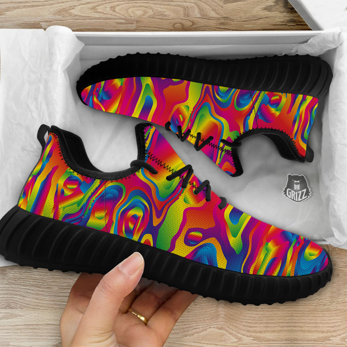 Liquid Trippy Abstract Colorful Print Black Walking Shoes-grizzshop