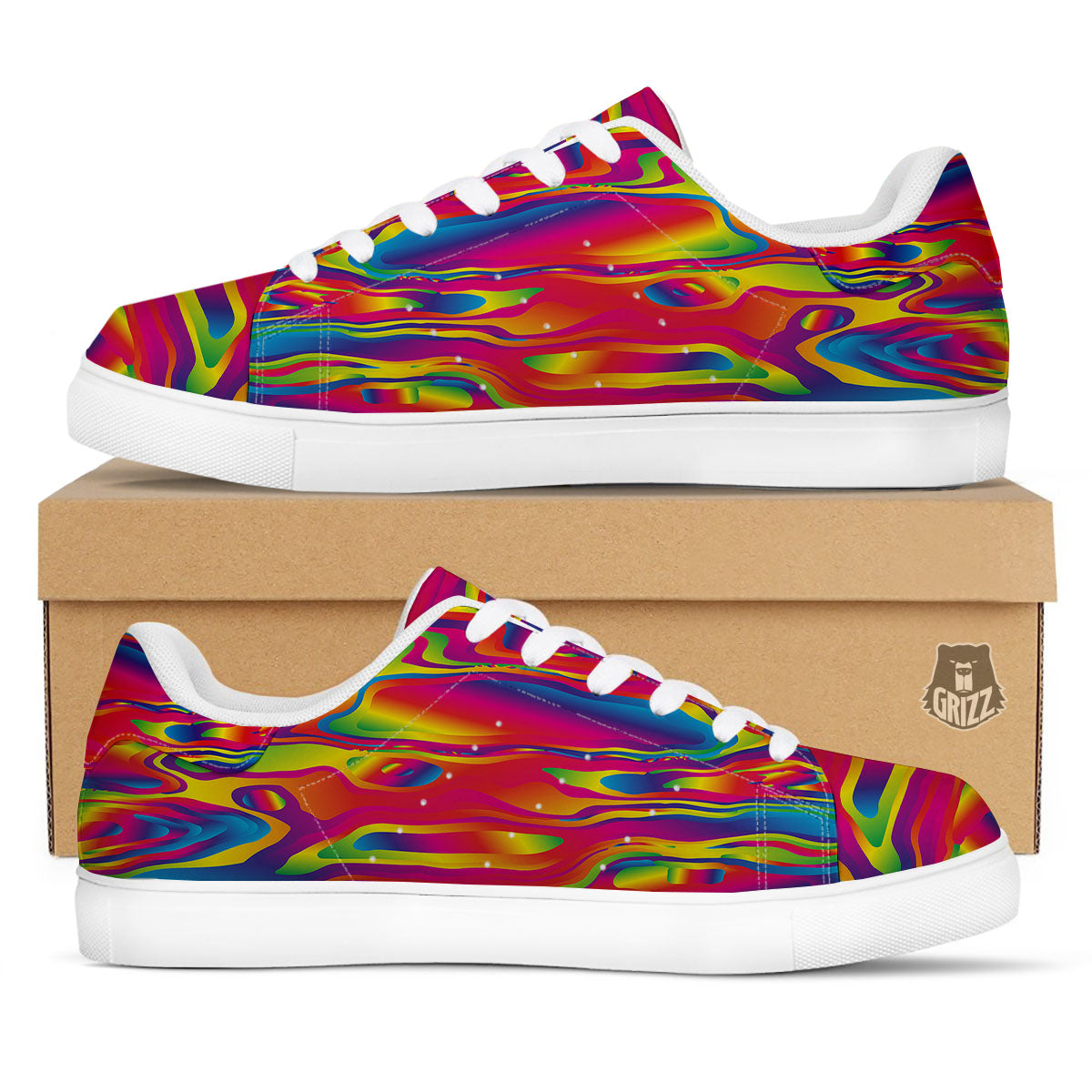 Liquid Trippy Abstract Colorful Print White Low Top Sneakers-grizzshop