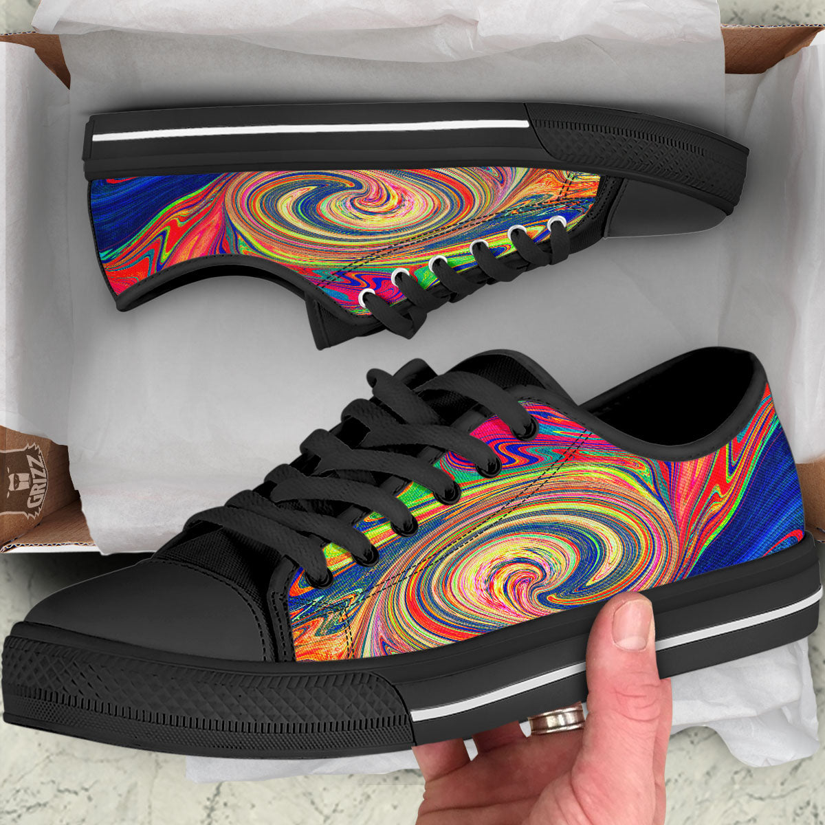 Liquid Trippy Abstract Psychedelic Print Black Low Top Shoes-grizzshop