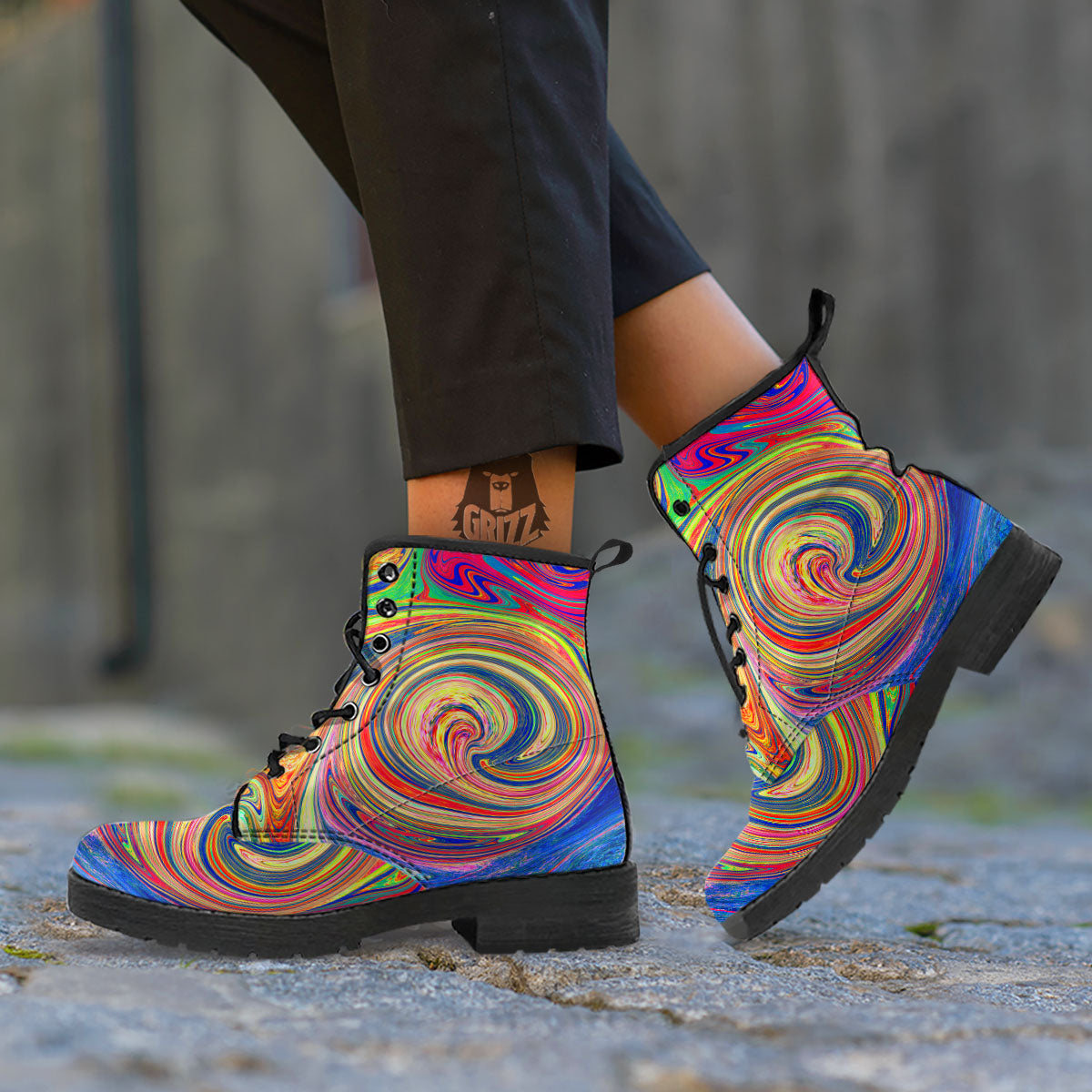 Liquid Trippy Abstract Psychedelic Print Leather Boots-grizzshop