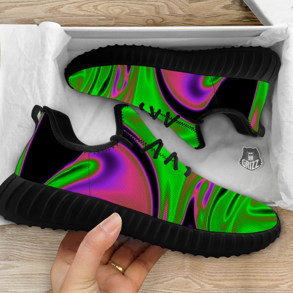 Liquid Trippy Green Abstract Print Black Walking Shoes-grizzshop