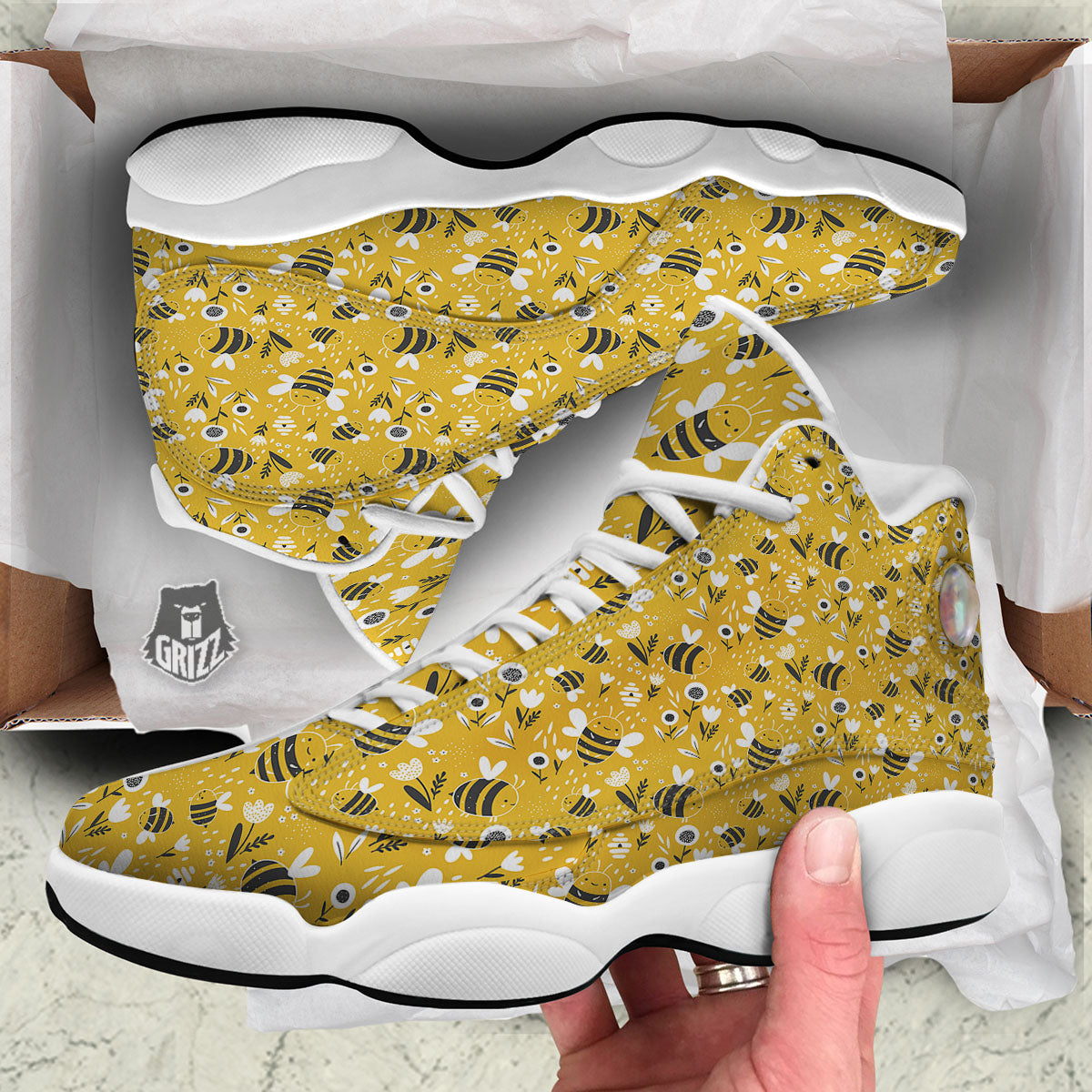 Little Bee Print Pattern White Basketball Shoes-grizzshop