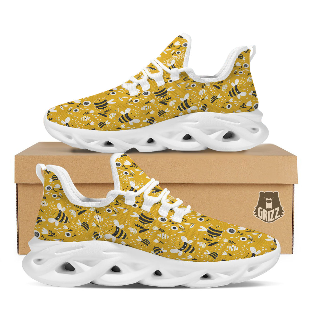 Little Bee Print Pattern White Running Shoes-grizzshop