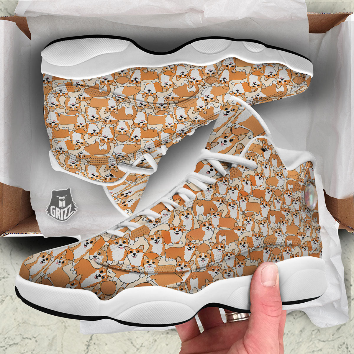Little Corgi Print Pattern White Basketball Shoes-grizzshop