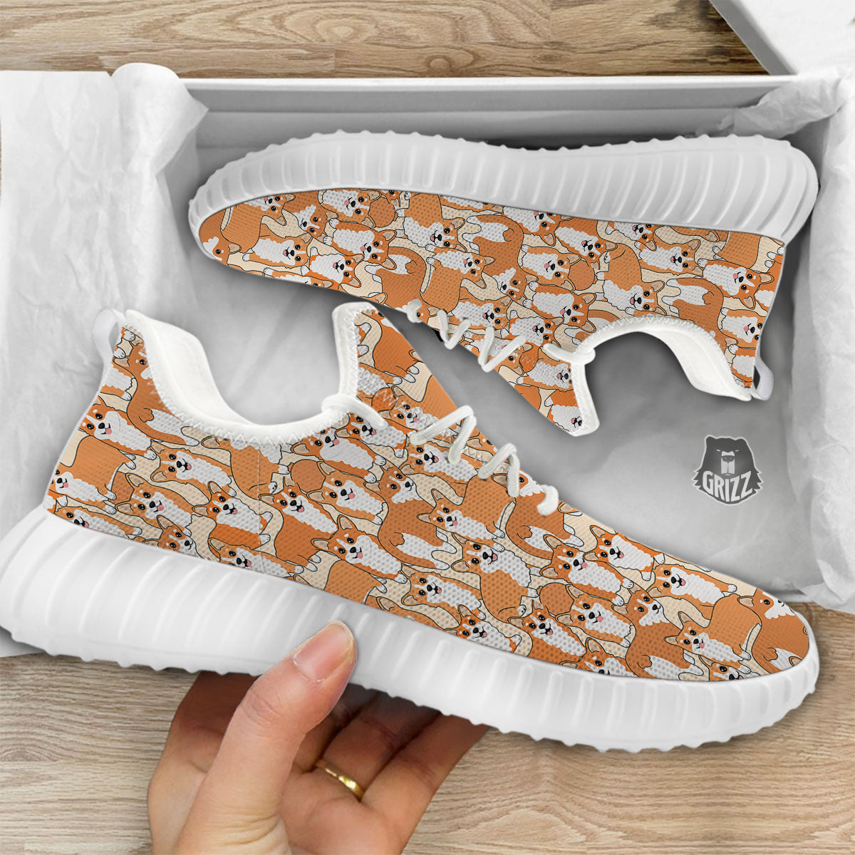Little Corgi Print Pattern White Walking Shoes-grizzshop