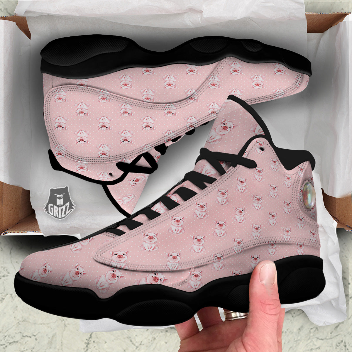 Little Pig And White Dots Print Pattern Black Basketball Shoes-grizzshop