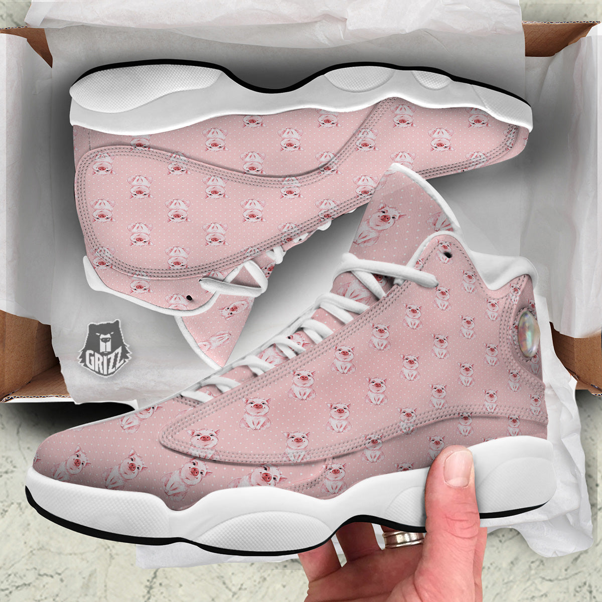 Little Pig And White Dots Print Pattern White Basketball Shoes-grizzshop