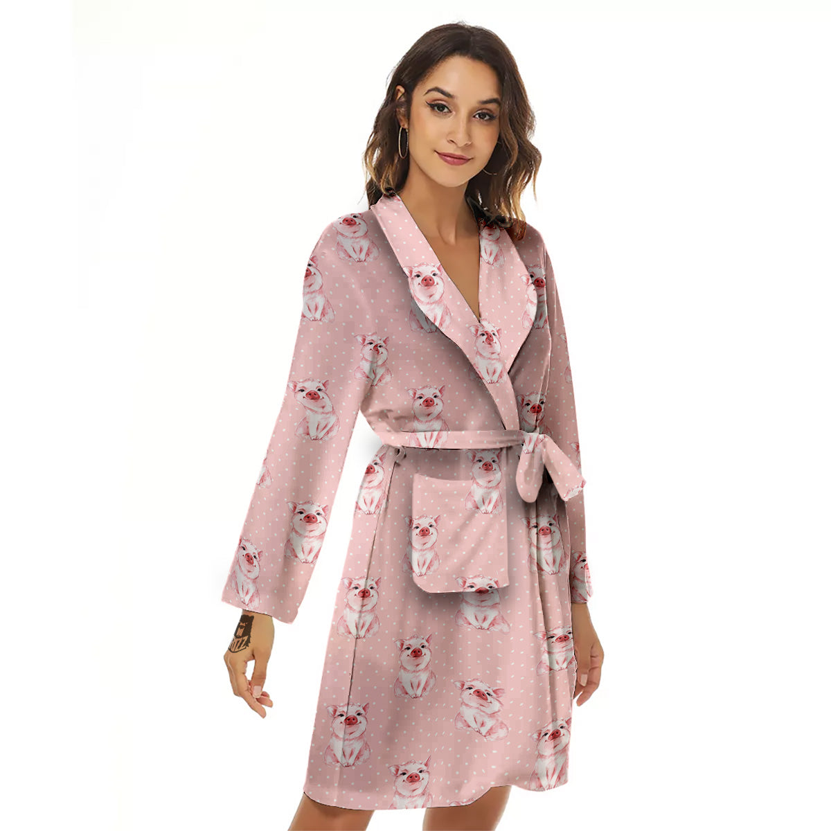 Little Pig And White Dots Print Pattern Women's Robe-grizzshop