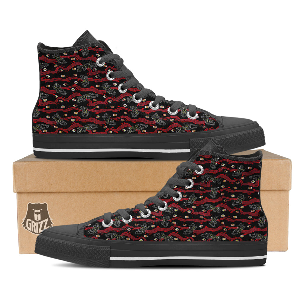 Lizard Aboriginal Print Pattern Black High Top Shoes-grizzshop