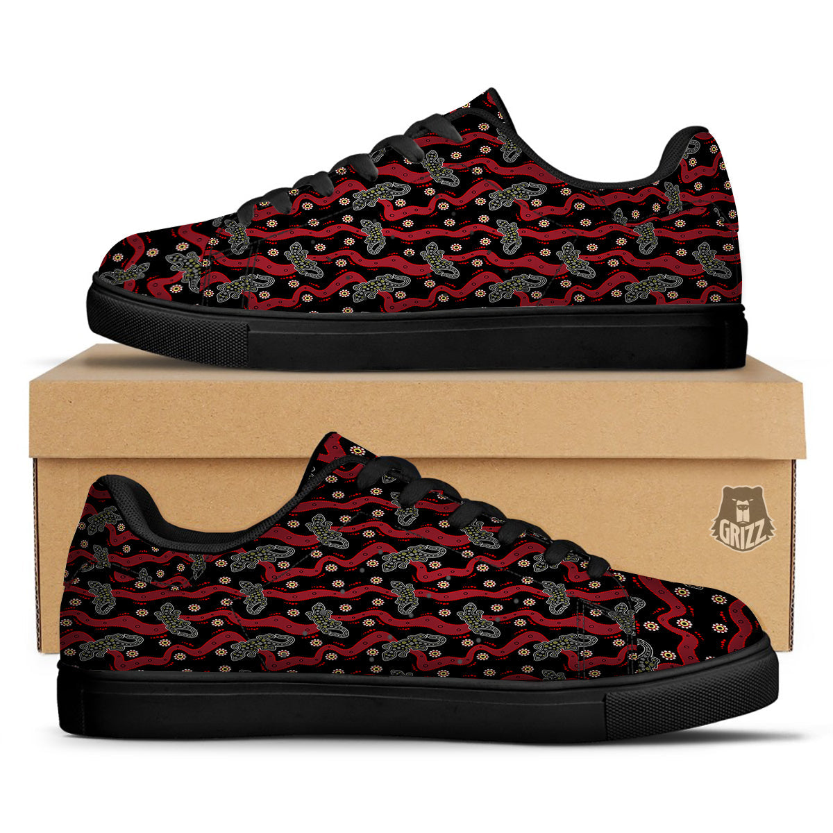 Lizard Aboriginal Print Pattern Black Low Top Sneakers-grizzshop