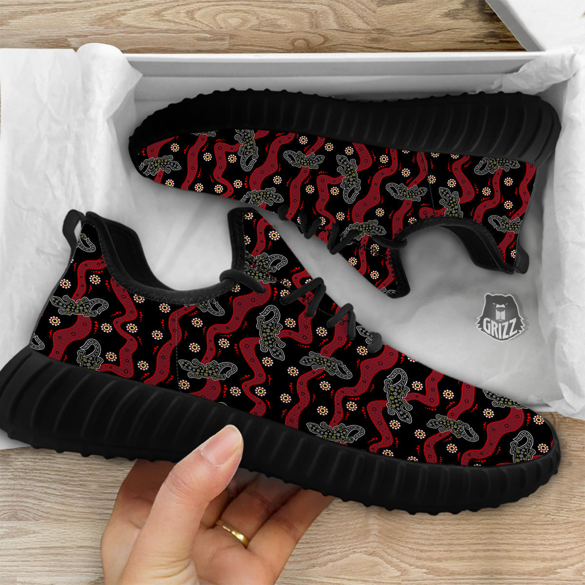 Lizard Aboriginal Print Pattern Black Walking Shoes-grizzshop
