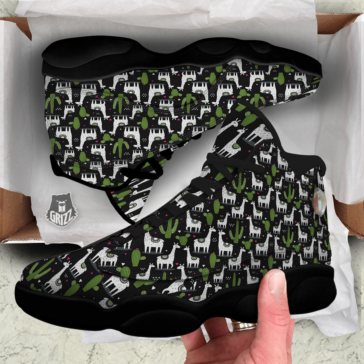 Llama And Cactus Print Pattern Black Basketball Shoes-grizzshop