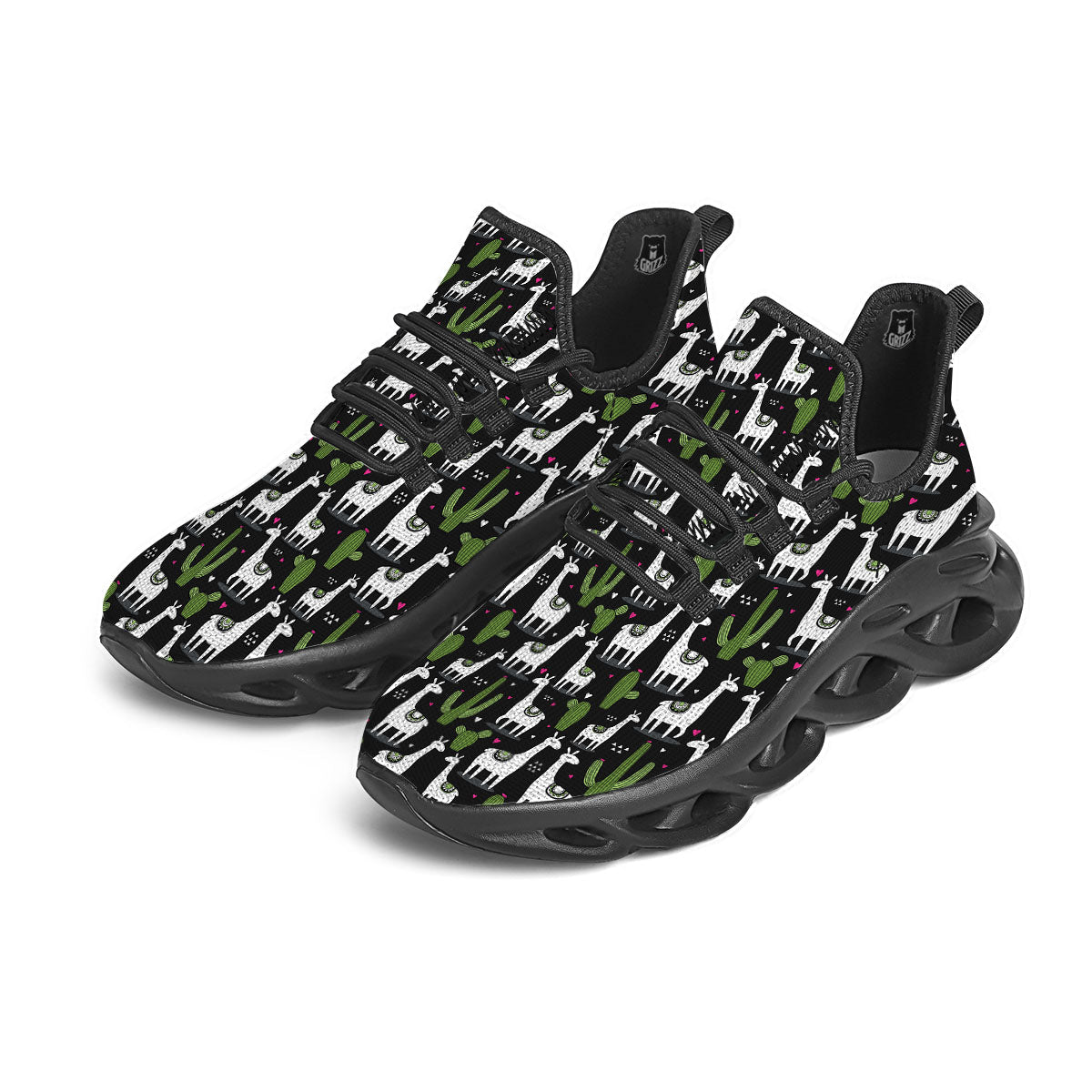Llama And Cactus Print Pattern Black Running Shoes-grizzshop