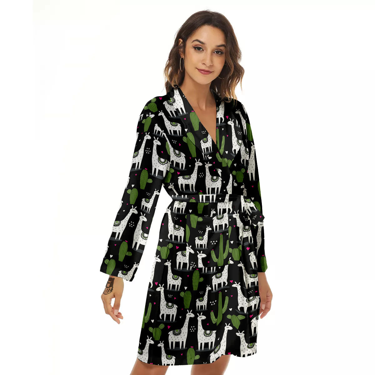 Llama And Cactus Print Pattern Women's Robe-grizzshop