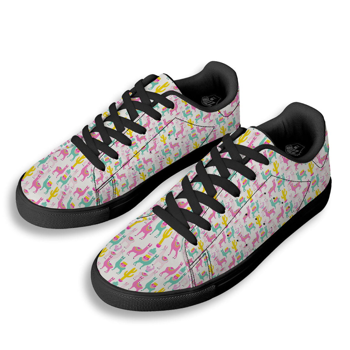 Llama And Cartoon Cactus Print Pattern Black Low Top Sneakers-grizzshop