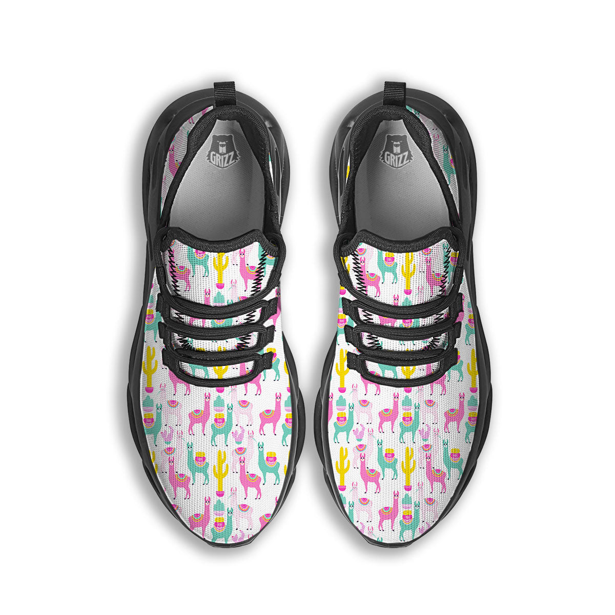 Llama And Cartoon Cactus Print Pattern Black Running Shoes-grizzshop