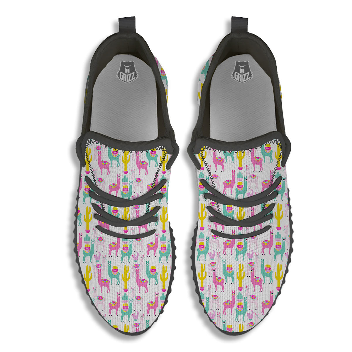 Llama And Cartoon Cactus Print Pattern Black Walking Shoes-grizzshop