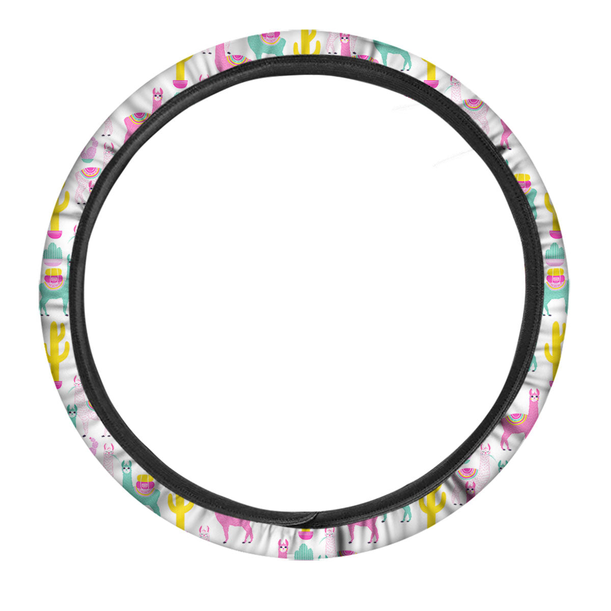 Llama And Cartoon Cactus Print Pattern Car Steering Wheel Cover-grizzshop