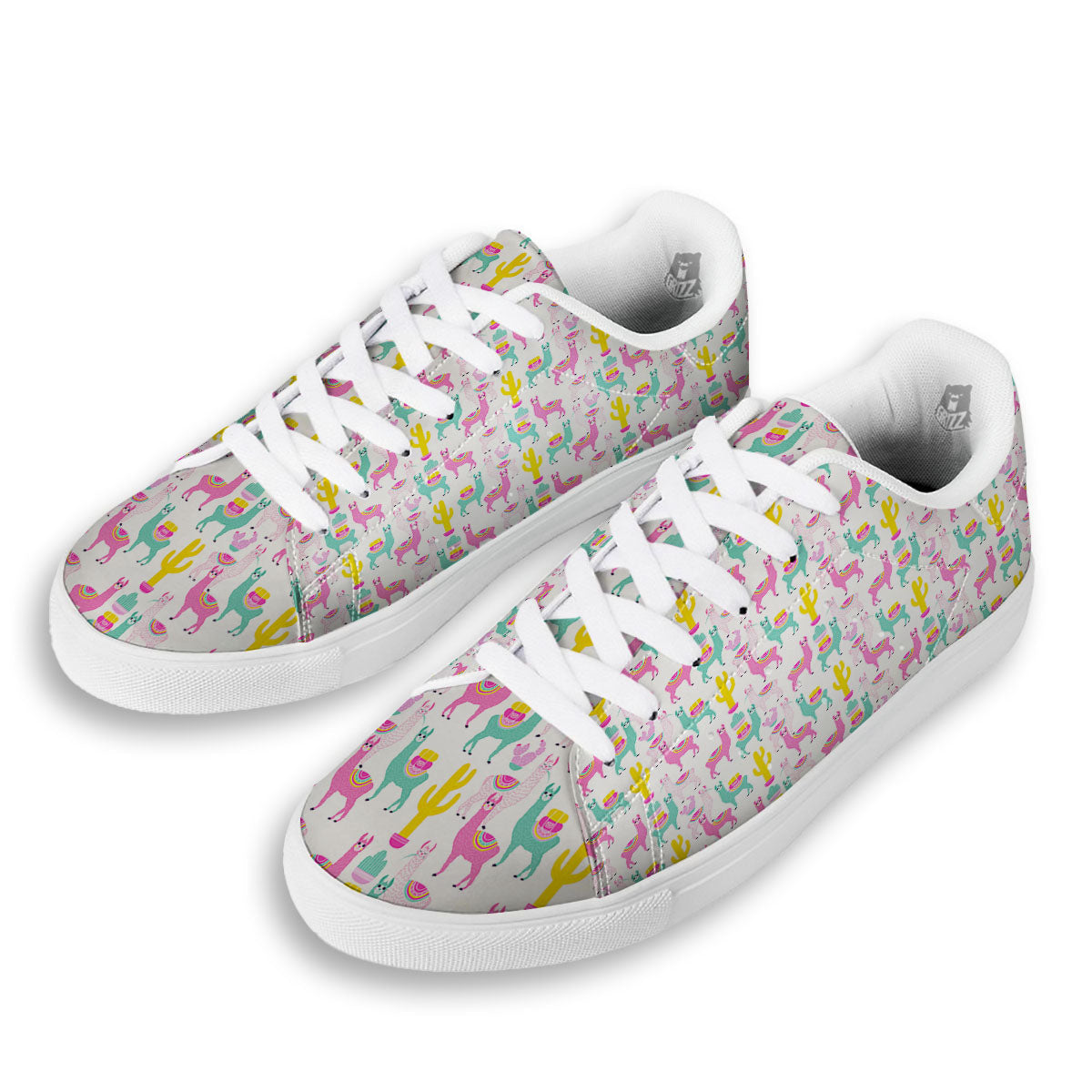 Llama And Cartoon Cactus Print Pattern White Low Top Sneakers-grizzshop