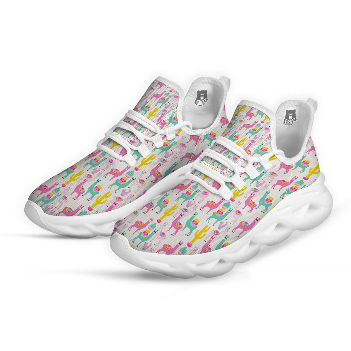 Llama And Cartoon Cactus Print Pattern White Running Shoes-grizzshop