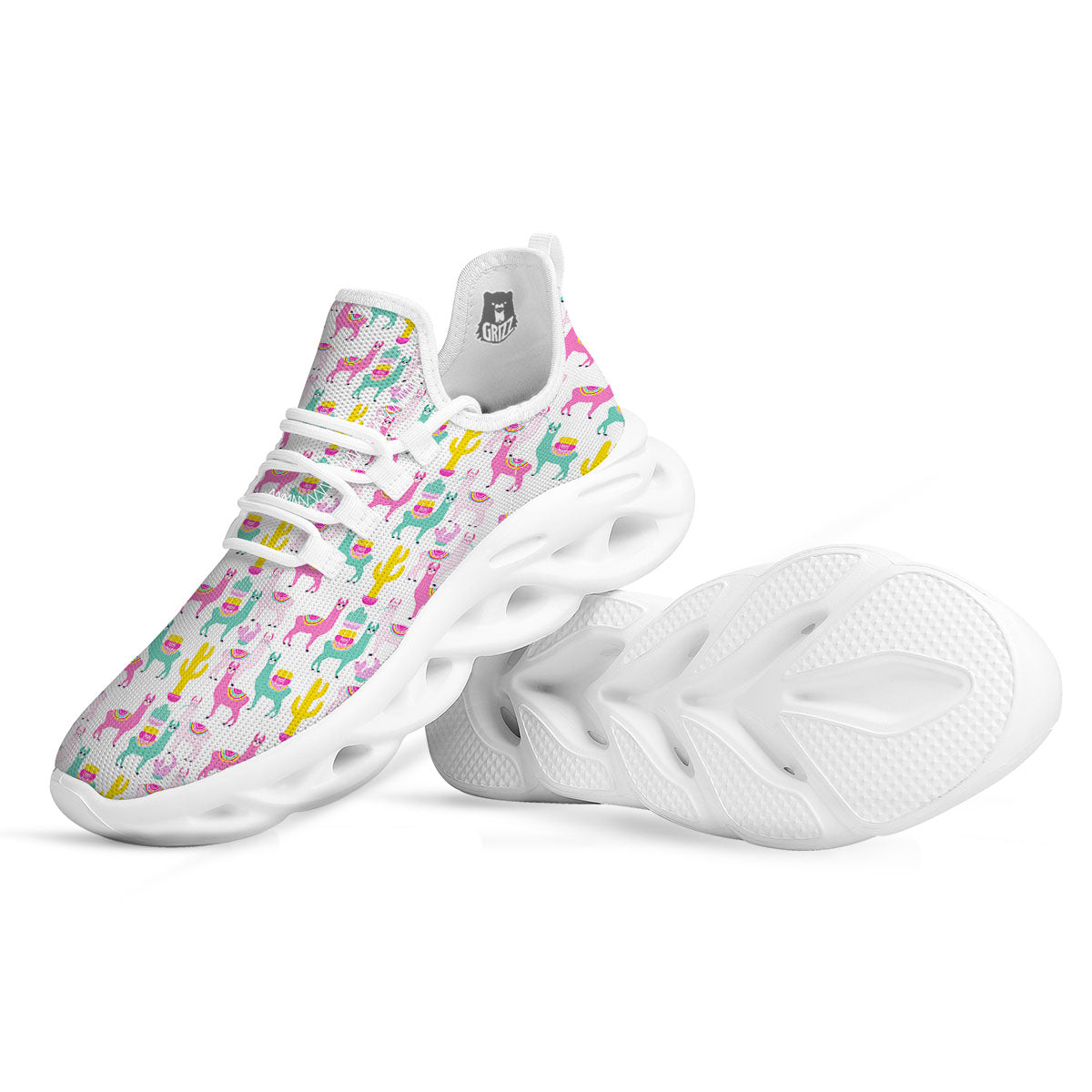 Llama And Cartoon Cactus Print Pattern White Running Shoes-grizzshop