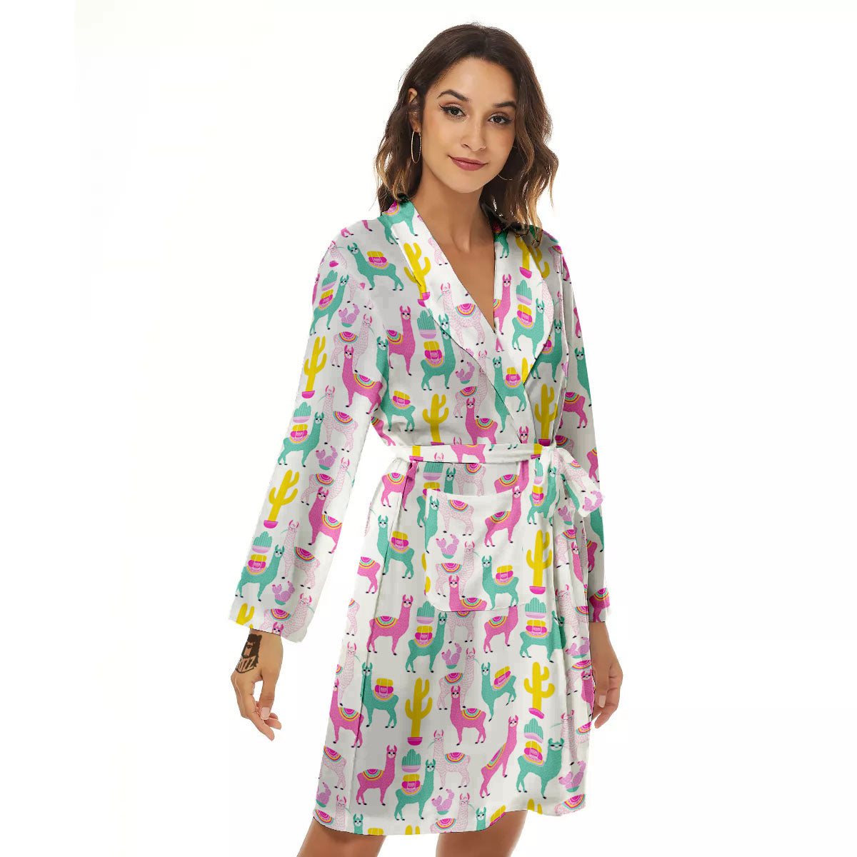 Llama And Cartoon Cactus Print Pattern Women's Robe-grizzshop