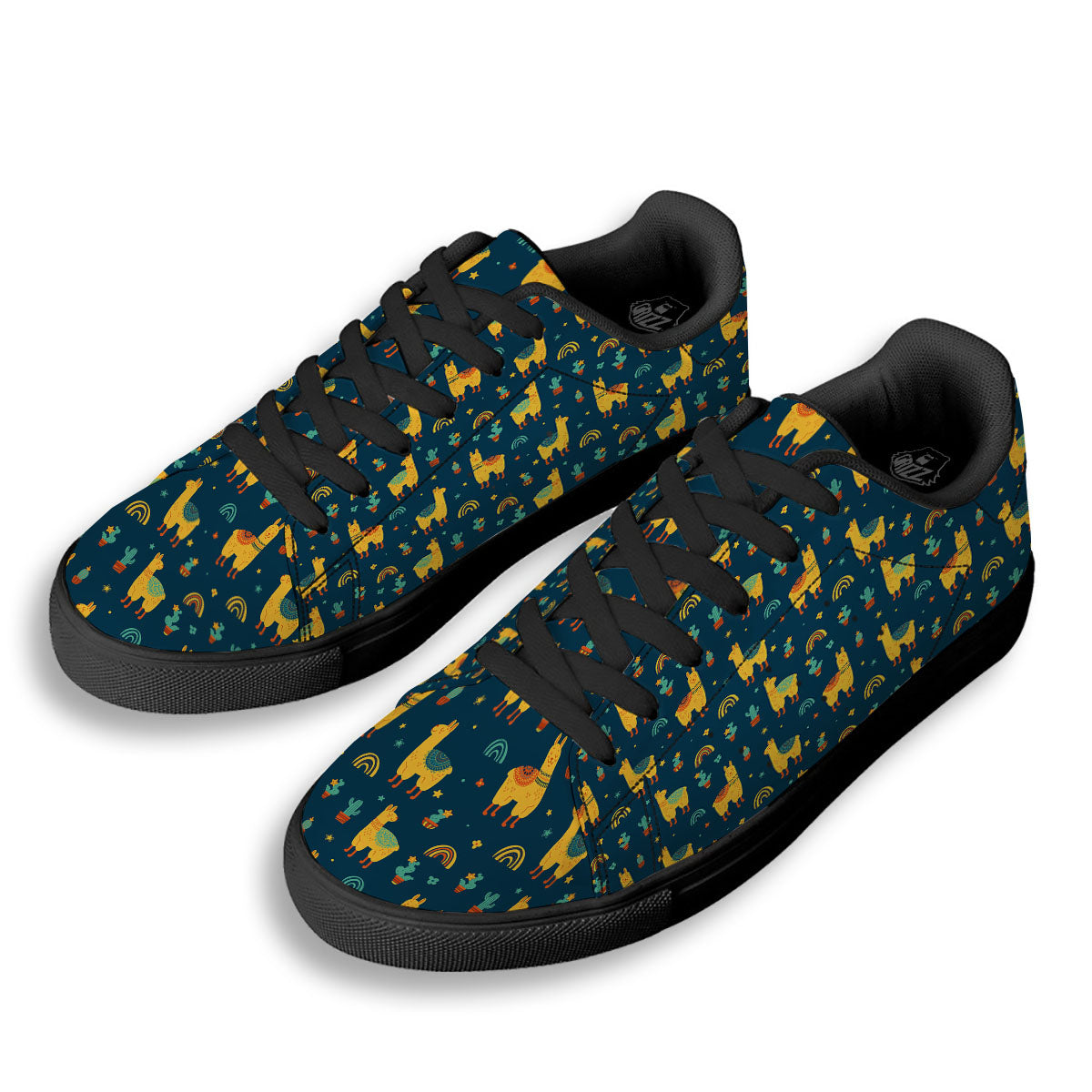 Llama And Cute Cactus Print Pattern Black Low Top Sneakers-grizzshop