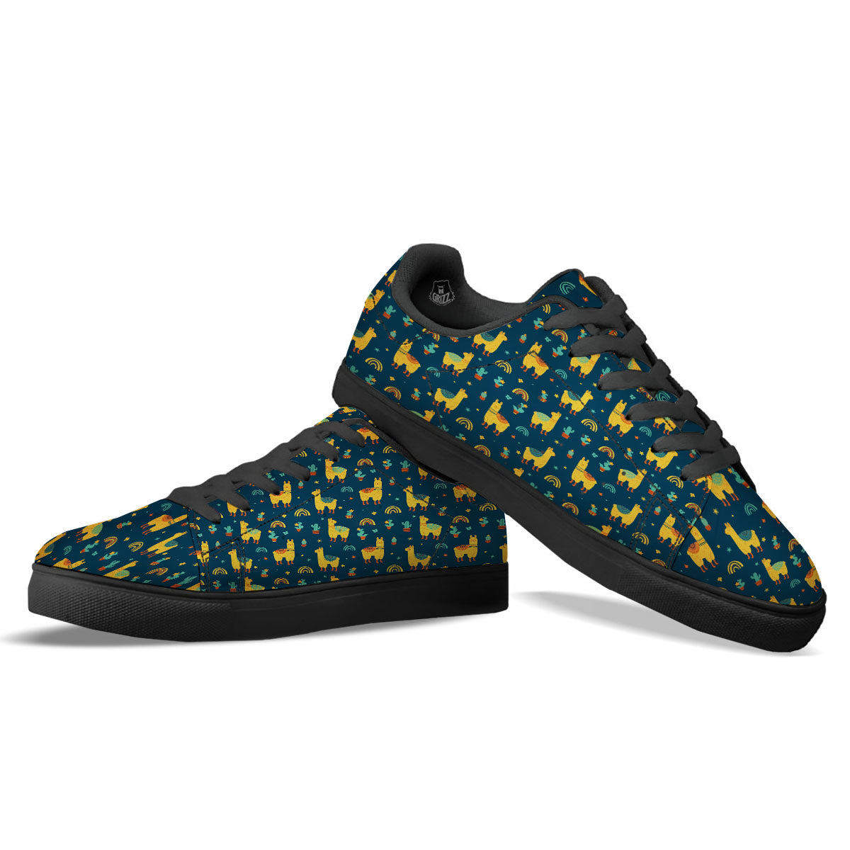 Llama And Cute Cactus Print Pattern Black Low Top Sneakers-grizzshop